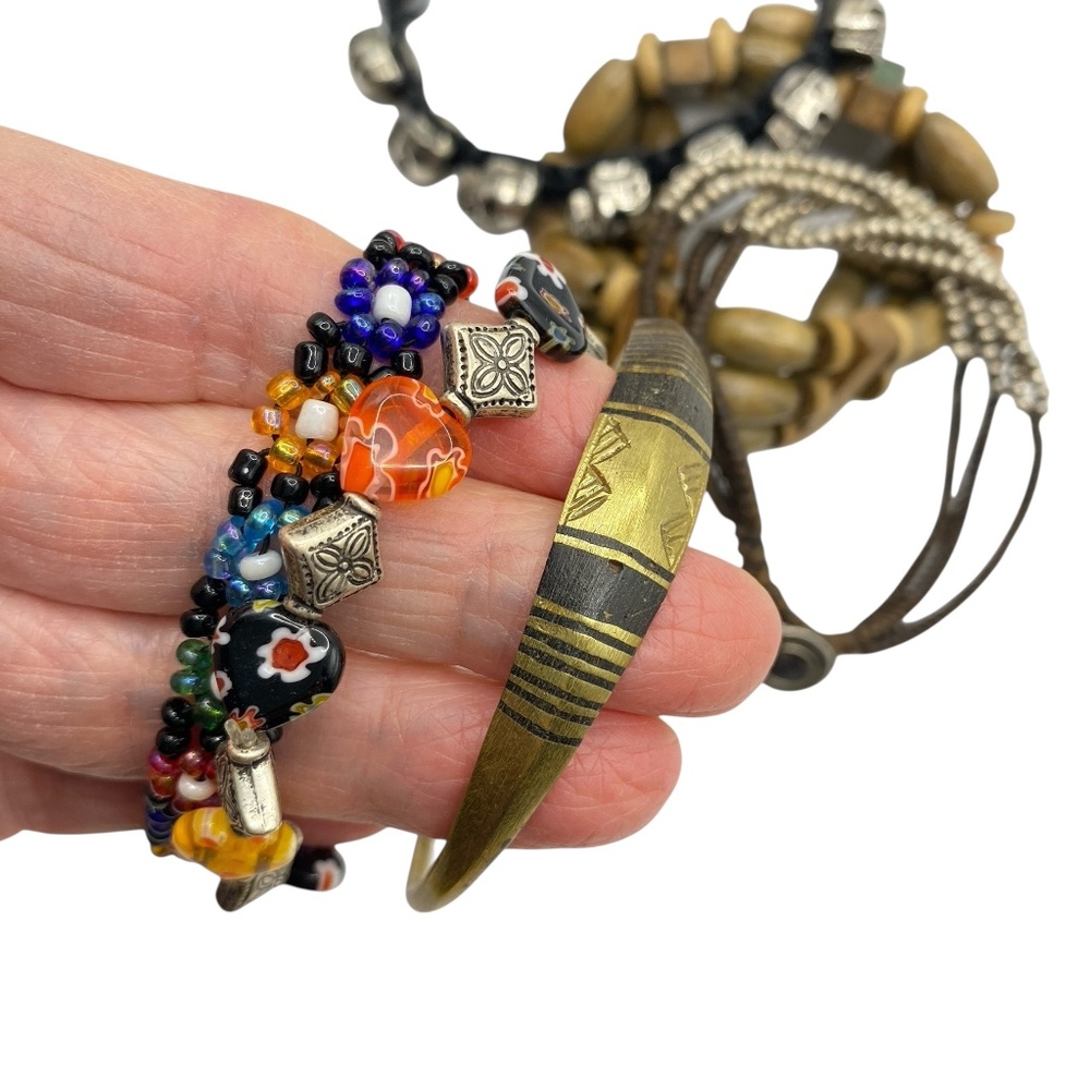 Bracelet Bundle Lot Of 6 Macrame Skulls Seed Beads Brass Stretchy Boho